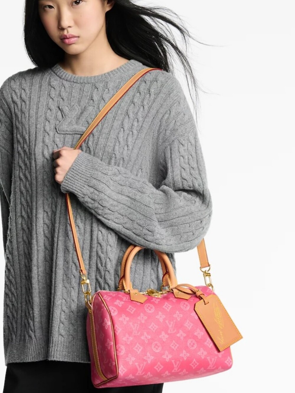 Super Cotton Denim Pink Monogram Satchel with Tan Strap 30